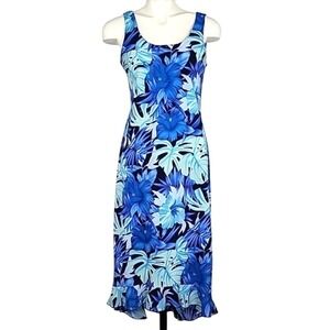 Jessica Women's Blue Tropical Print Sleeveless Ruffle Hem Maxi Dress Medium